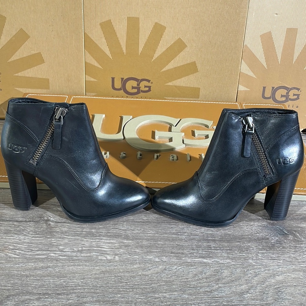 Brand New Women’s UGG Dolores Black Leather Zip Up High Heel Ankle Boots Booties